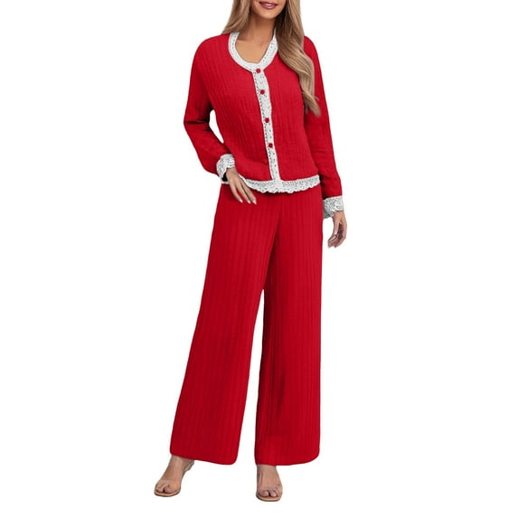 VISALY Two Piece Pajama Set Button Down Pajamas Ribbed Pajama Sets V Neck Long Sleeve Sleepwear Wide Leg Pants Soft Loungewear Matching Set Comfy Outfits Red L