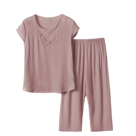 VISALY Two Piece Pajama Set Plus Size Sleepwear Set Short Sleeved Shirts Crewneck Pullover Capri Pants Wide Leg Pants Lounge Sets Loose Set for Middle and Elderly Home Wear Coffee 4Xl