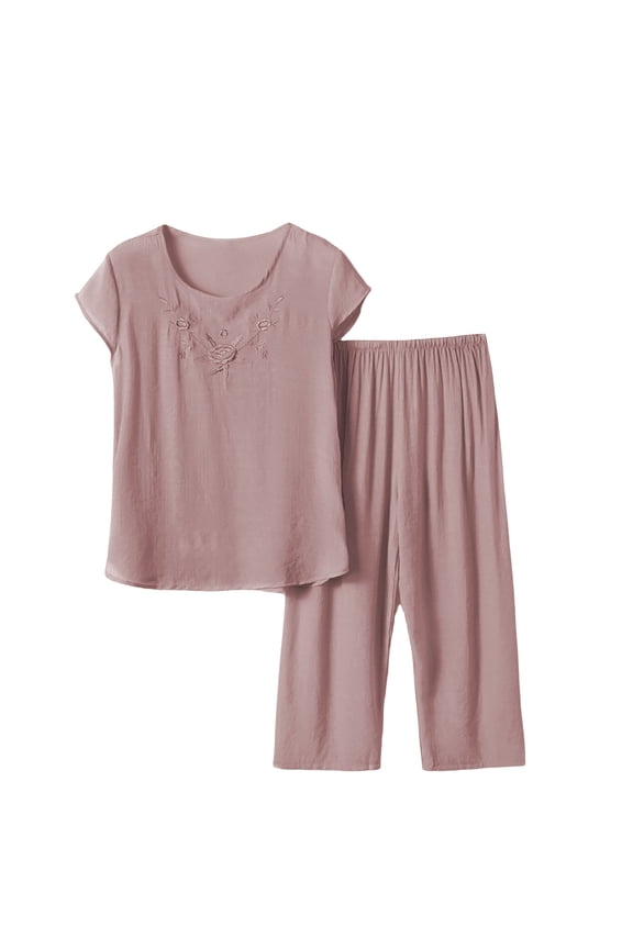 Two Piece Pajama Set Plus Size Sleepwear Set Short Sleeved Shirts Crewneck Pullover Capri Pants Wide Leg Pants Lounge Sets Loose Set for Middle and Elderly Home Wear Coffee Xl