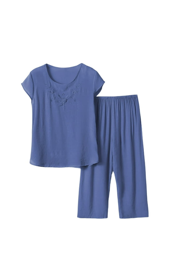 Two Piece Pajama Set Plus Size Sleepwear Set Short Sleeved Shirts Crewneck Pullover Capri Pants Wide Leg Pants Lounge Sets Loose Set for Middle and Elderly Home Wear Blue Xxl