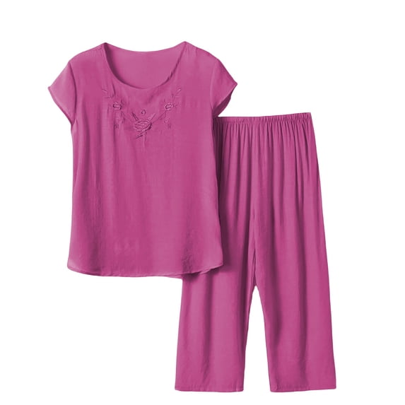 VISALY Two Piece Pajama Set Plus Size Sleepwear Set Short Sleeved Shirts Crewneck Pullover Capri Pants Wide Leg Pants Lounge Sets Loose Set for Middle and Elderly Home Wear Purple 4Xl