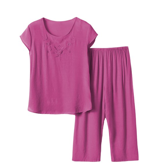 VISALY Two Piece Pajama Set Plus Size Sleepwear Set Short Sleeved Shirts Crewneck Pullover Capri Pants Wide Leg Pants Lounge Sets Loose Set for Middle and Elderly Home Wear Purple Xxl