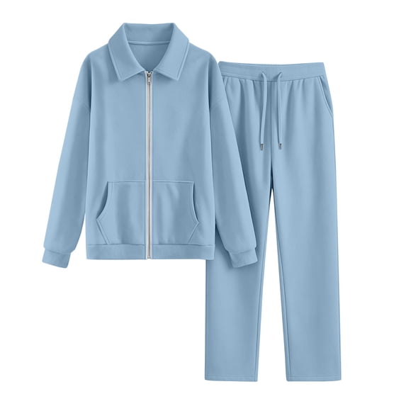 VISALY Two Piece Sweat Set Tracksuit Collared Zip Up Sweat Jacket with Pockets Drawstring Straight Leg Sweatpants Matching Soft Athletic Outfits Workout Travel Airport Lounge Sets Light Blue Xxl