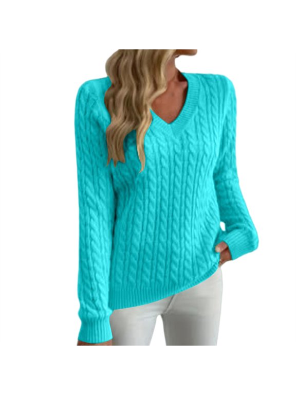 V Neck Cable Knit Sweater Lightweight Basic Pullover Sweater Long Sleeve Loose Fit Casual Crop Pullover Shirts Soft Stretch Business Casual Dressy Trendy Going Out Layer Outfits Blue L