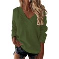 thumbnail image 1 of VISALY V Neck Pullover Sweater Crochet Sweaters Loose Sweaters V Neck Long Sleeve Solid Knitted Jumper Pullover Sweatshirt Tops Womens Pullover Sweaters Pullover Lightweight Pullover Army Green L, 1 of 5