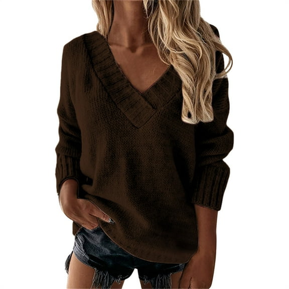 VISALY V Neck Pullover Sweater Crochet Sweaters Loose Sweaters V Neck Long Sleeve Solid Knitted Jumper Pullover Sweatshirt Tops Womens Pullover Sweaters Pullover Lightweight Pullover Brown Xl