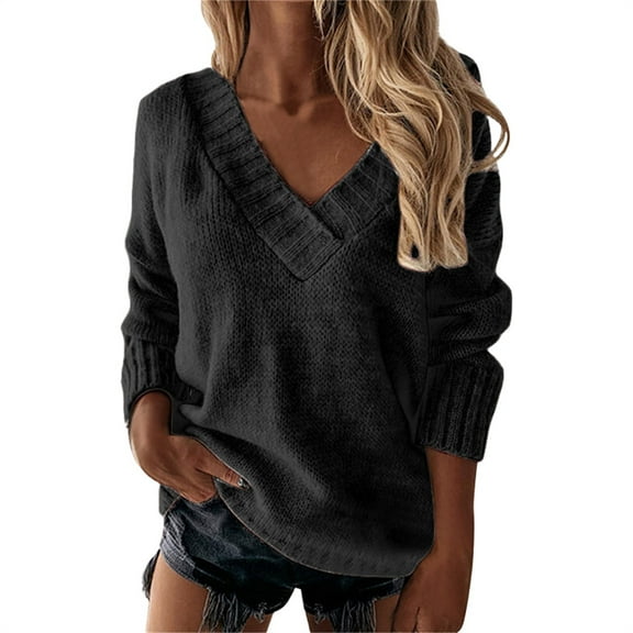 VISALY V Neck Pullover Sweater Crochet Sweaters Loose Sweaters V Neck Long Sleeve Solid Knitted Jumper Pullover Sweatshirt Tops Womens Pullover Sweaters Pullover Lightweight Pullover Dark Grey Xl