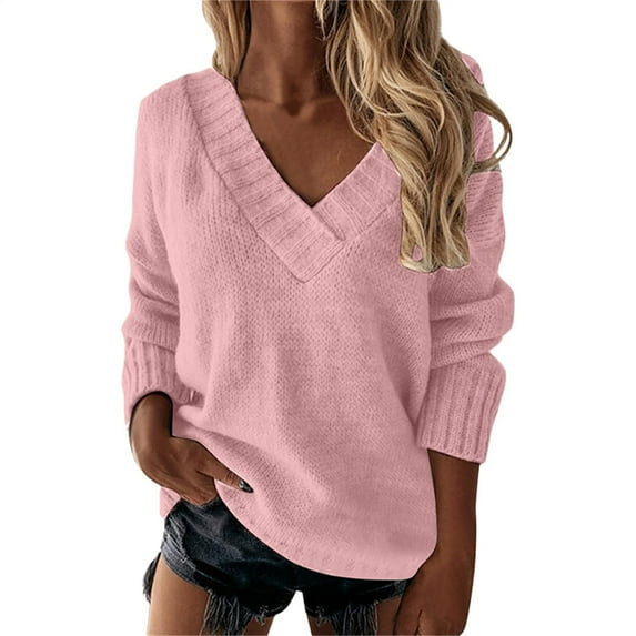 VISALY V Neck Pullover Sweater Crochet Sweaters Loose Sweaters V Neck Long Sleeve Solid Knitted Jumper Pullover Sweatshirt Tops Womens Pullover Sweaters Pullover Lightweight Pullover Pink Xl