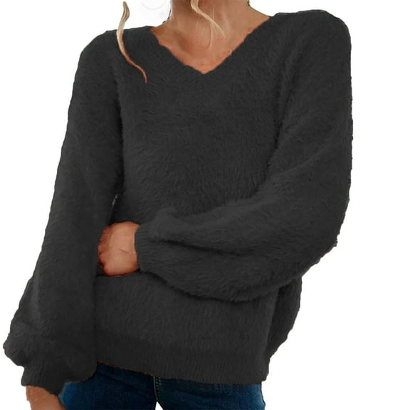 VISALY V Neck Pullover Sweater Crochet Sweaters Oversized Crewneck Long Sleeve Fuzzy Knit Casual Chunky Warm Fall Pullover Top Trendy Soft Sweaters Pullover Sweaters Plus Size Sweaters Black A