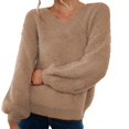 thumbnail image 1 of VISALY V Neck Pullover Sweater Crochet Sweaters Oversized Crewneck Long Sleeve Fuzzy Knit Casual Chunky Warm Fall Pullover Top Trendy Soft Sweaters Pullover Sweaters Plus Size Sweaters Khaki A, 1 of 4