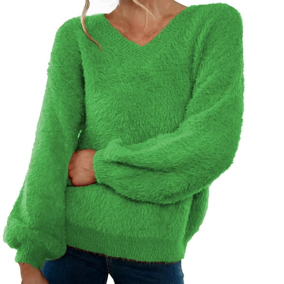 VISALY V Neck Pullover Sweater Crochet Sweaters Oversized Crewneck Long Sleeve Fuzzy Knit Casual Chunky Warm Fall Pullover Top Trendy Soft Sweaters Pullover Sweaters Plus Size Sweaters Green A