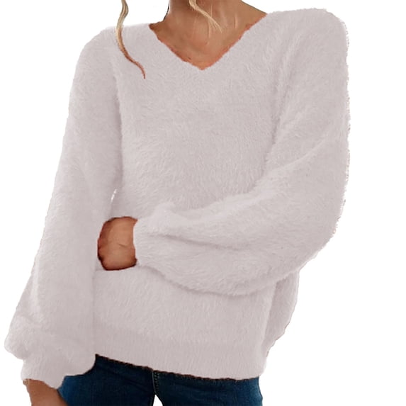 VISALY V Neck Pullover Sweater Crochet Sweaters Oversized Crewneck Long Sleeve Fuzzy Knit Casual Chunky Warm Fall Pullover Top Trendy Soft Sweaters Pullover Sweaters Plus Size Sweaters White A