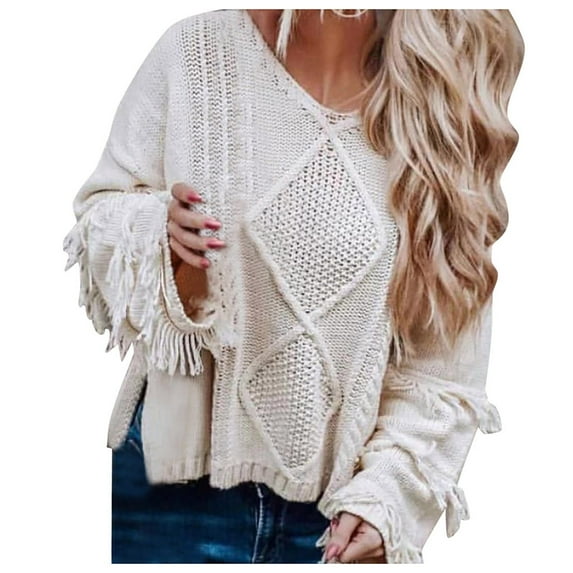 VISALY V Neck Pullover Sweater Crochet Sweaters Sweaters for Womens Round Collar Tassel Knit Sweater Long Sleeve Sweatshirt Top Sleeve Knit Top Oversized Sweatshirt Winter Sweatshirts Pullover White L
