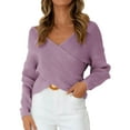 thumbnail image 1 of VISALY V Neck Pullover Sweater Crochet Sweaters Women Casual Long Sleeve Sweaters Wrap Front Off Shoulder Knitted Crop Solid Pullover Oversized Sweatshirt Basic Tops Comfy Sweaters Purple One Size, 1 of 3