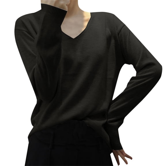 VISALY V Neck Pullover Sweater Knit Sweater Light Sweaters for Women Long Sleeve Crew Neck Lightweight Soft Knitted Pullover Knitted Blouse Crochet Sweaters Pull Over Sweaters Tunic Sweater Black Xxl