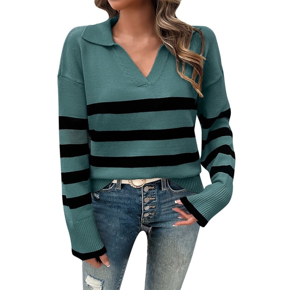 VISALY V Neck Pullover Sweater Knit Sweater Winter Sweaters Lapel V Neck Long Sleeve Striped Chunky Knit Oversized Pullover Sweater Crochet Sweaters Women Hoodies Pullover Warm Sweaters Green Xl