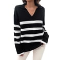 thumbnail image 1 of VISALY V Neck Pullover Sweater Knit Sweater Winter Sweaters Lapel V Neck Long Sleeve Striped Chunky Knit Oversized Pullover Sweater Crochet Sweaters Women Hoodies Pullover Warm Sweaters Black L, 1 of 5