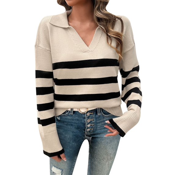 VISALY V Neck Pullover Sweater Knit Sweater Winter Sweaters Lapel V Neck Long Sleeve Striped Chunky Knit Oversized Pullover Sweater Crochet Sweaters Women Hoodies Pullover Warm Sweaters Khaki Xl