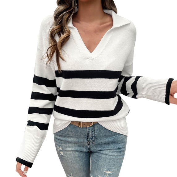 VISALY V Neck Pullover Sweater Knit Sweater Winter Sweaters Lapel V Neck Long Sleeve Striped Chunky Knit Oversized Pullover Sweater Crochet Sweaters Women Hoodies Pullover Warm Sweaters White M