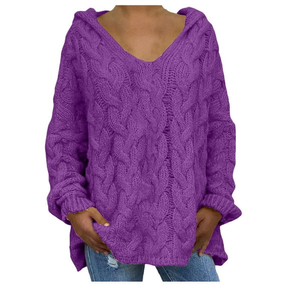 VISALY V Neck Pullover Sweater Knit Sweater Women's Oversized Chunky Cable Knit Pullover Sweaters V Neck Long Sleeve Loose Cotton Sweaters Crochet Sweaters Fall Sweatshirt Purple 4Xl