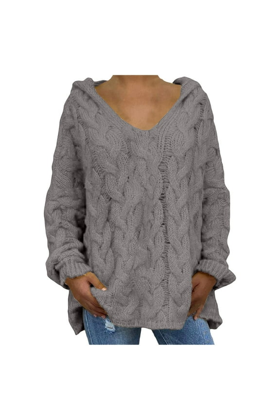 V Neck Pullover Sweater Knit Sweater Women's Oversized Chunky Cable Knit Pullover Sweaters V Neck Long Sleeve Loose Cotton Sweaters Crochet Sweaters Fall Sweatshirt Grey Xxl