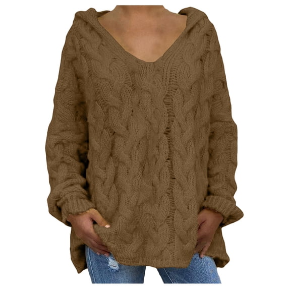 VISALY V Neck Pullover Sweater Knit Sweater Women's Oversized Chunky Cable Knit Pullover Sweaters V Neck Long Sleeve Loose Cotton Sweaters Crochet Sweaters Fall Sweatshirt Coffee 4Xl