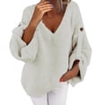 thumbnail image 1 of VISALY V Neck Pullover Sweater Knit Sweater Womens Fall Sweaters 2024 Chunky Loose Long Sleeve V Neck Oversized Casual Knit Pullover Tops Crochet Sweaters Womens Sweatshirts Women Pullover White Xl, 1 of 7