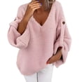 thumbnail image 1 of VISALY V Neck Pullover Sweater Knit Sweater Womens Fall Sweaters 2024 Chunky Loose Long Sleeve V Neck Oversized Casual Knit Pullover Tops Crochet Sweaters Womens Sweatshirts Women Pullover Pink S, 1 of 7