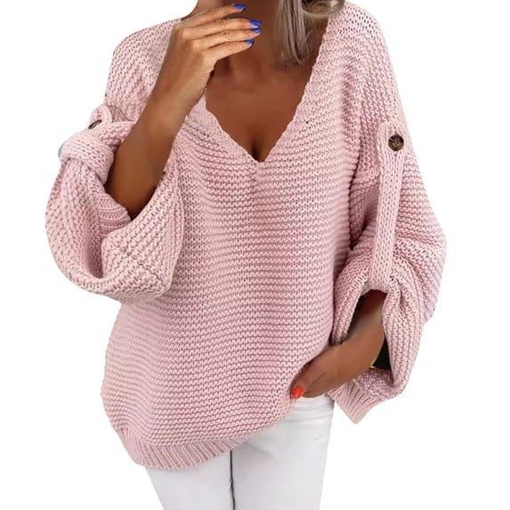 VISALY V Neck Pullover Sweater Knit Sweater Womens Fall Sweaters 2024 Chunky Loose Long Sleeve V Neck Oversized Casual Knit Pullover Tops Crochet Sweaters Womens Sweatshirts Women Pullover Pink S