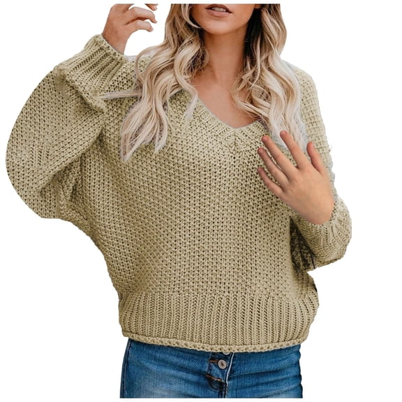 VISALY V Neck Pullover Sweater Ribbed Long Sleeve Tops Long Batwing Sleeve Sweaters Chunky Cable Knit Pullover Fashion Knitwear Solid Oversized Sweatshirt Tunic Sweatshirt Comfy Sweatshirt Khaki S
