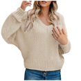 thumbnail image 1 of VISALY V Neck Pullover Sweater Ribbed Long Sleeve Tops Long Batwing Sleeve Sweaters Chunky Cable Knit Pullover Fashion Knitwear Solid Oversized Sweatshirt Tunic Sweatshirt Comfy Sweatshirt Beige L, 1 of 5