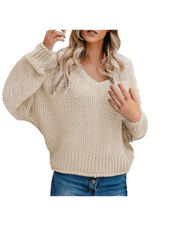 V Neck Pullover Sweater Ribbed Long Sleeve Tops Long Batwing Sleeve Sweaters Chunky Cable Knit Pullover Fashion Knitwear Solid Oversized Sweatshirt Tunic Sweatshirt Comfy Sweatshirt Beige S