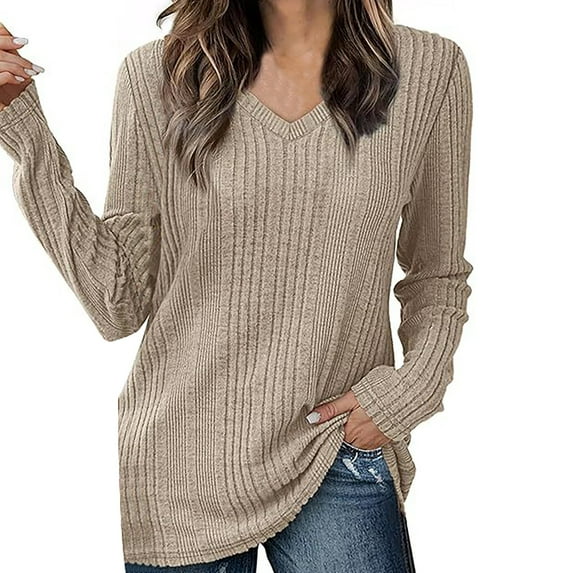 VISALY V Neck Pullover Sweater Ribbed Long Sleeve Tops Long Sleeve Shirts Casual Fall Tops Lightweight Sweaters Fashion Clothes Casual Sweaters Sweatshirts Loose Fit Hoodie Baggy Sweaters Khaki M