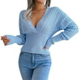 thumbnail image 1 of VISALY V Neck Pullover Sweater Ribbed Long Sleeve Tops Sweaters for Women Trendy Crewneck Long Sleeve Sweater Tops Fall Chunky Cable Knit Pullover Sweaters Sweater Shirts Pullovers Pullover Blue L, 1 of 5