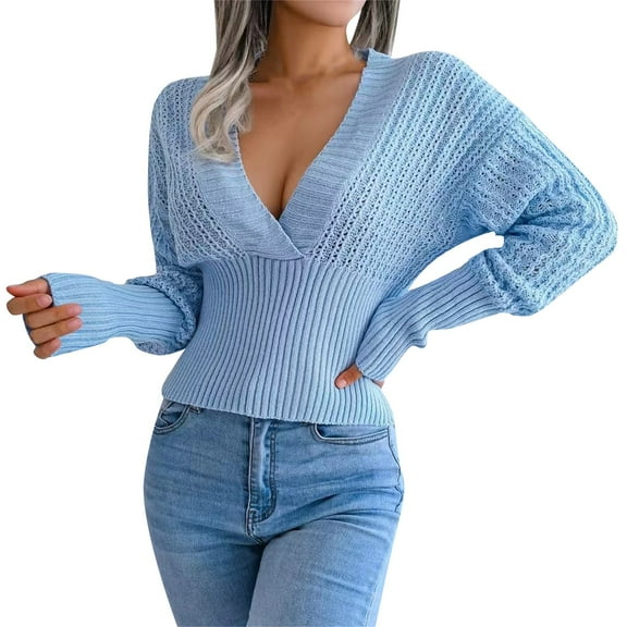 VISALY V Neck Pullover Sweater Ribbed Long Sleeve Tops Sweaters for Women Trendy Crewneck Long Sleeve Sweater Tops Fall Chunky Cable Knit Pullover Sweaters Sweater Shirts Pullovers Pullover Blue L