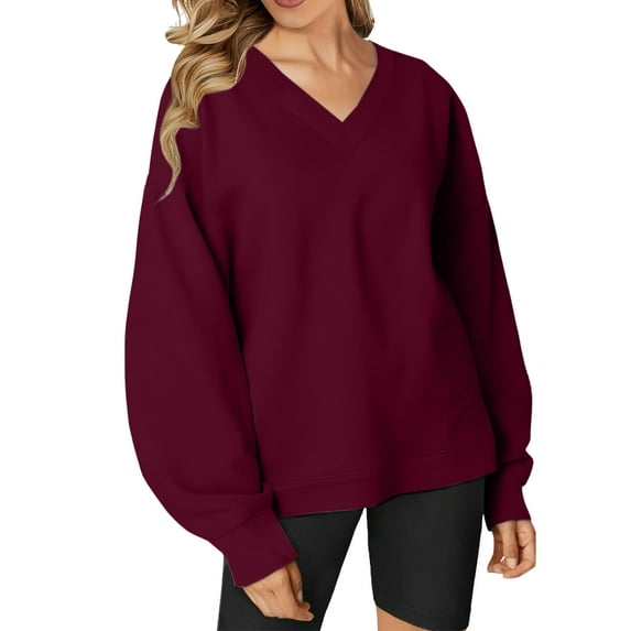 VISALY V Neck Pullover Sweater Tunic Sweatshirt Oversized Sweatshirt Casual Fleece Pullover Sweaters Cute Long Sleeve Shirts Tops Baggy Sweaters Basic Tops Athletic Sweatshirts Wine Xl