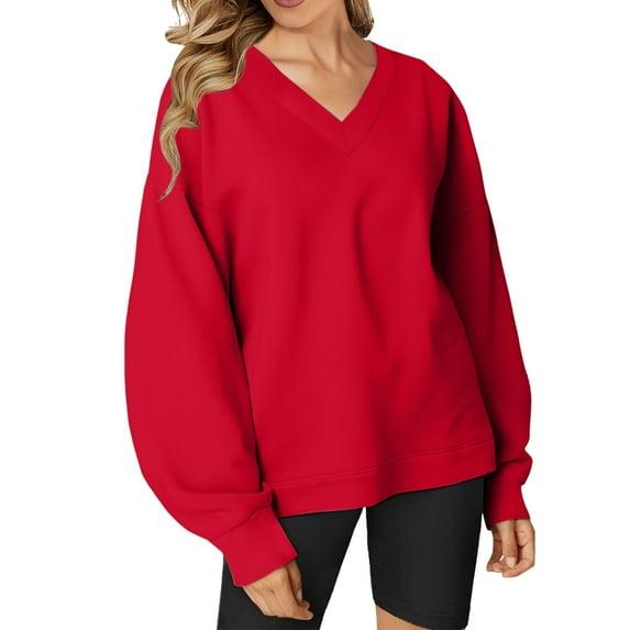 VISALY V Neck Pullover Sweater Tunic Sweatshirt Oversized Sweatshirt Casual Fleece Pullover Sweaters Cute Long Sleeve Shirts Tops Baggy Sweaters Basic Tops Athletic Sweatshirts Red S
