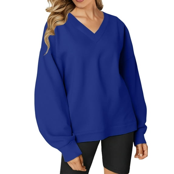VISALY V Neck Pullover Sweater Tunic Sweatshirt Oversized Sweatshirt Casual Fleece Pullover Sweaters Cute Long Sleeve Shirts Tops Baggy Sweaters Basic Tops Athletic Sweatshirts Blue L