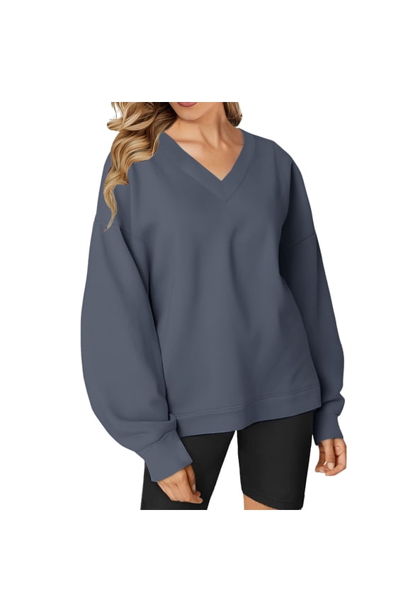 V Neck Pullover Sweater Tunic Sweatshirt Oversized Sweatshirt Casual Fleece Pullover Sweaters Cute Long Sleeve Shirts Tops Pullover Sweatshirts Half Zip Pullover Loose Sweatshirt Dark Grey S
