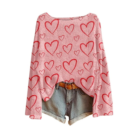 VISALY Valentine Day Sweater Heart Sweater with Hearts Pullover Sweaters Lightweight Sweaters Casual Sweaters Oversize Sweaters Trendy Ribbed Pullover Sweaters Loose Fit Knit Pullover Light Pink Xxl