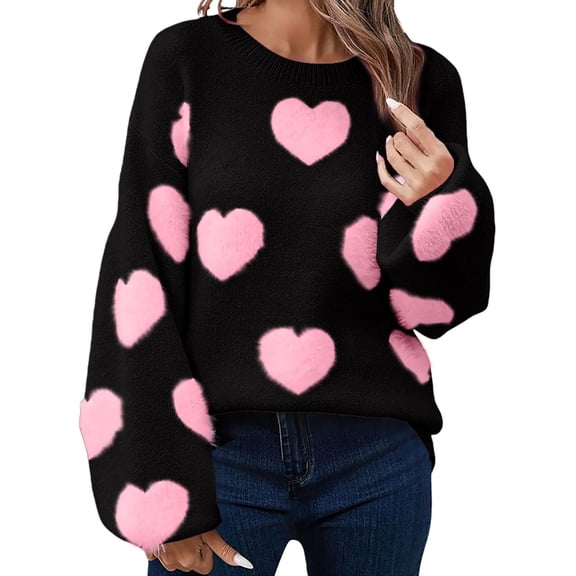 VISALY Valentine Day Sweater Love Print Heart Sweater Oversized Sweater Trendy Sweater Pullover Sweaters Casual Sweaters Base Sweater Casual Sweater Oversized Sweaters Fashion Sweaters Black Xl