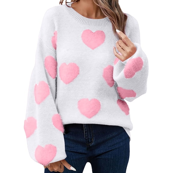 VISALY Valentine Day Sweaters Love Print Heart Sweater Loose Fit Knit Pullover Pullover Sweaters Loose Fit Knit Pullover Casual Sweaters Light Weight Sweater Lightweight Sweaters White S