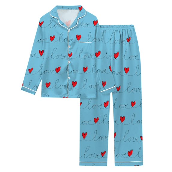 VISALY Valentine Women Pajamas Heart Parinted Button Down Sleepwear Lounge Set Nightwear Lounge Set Comfy Sets Lightweight Sets Fall Pajamas Breathable Pajamas Loungewear Set Loungewear Sky Blue S