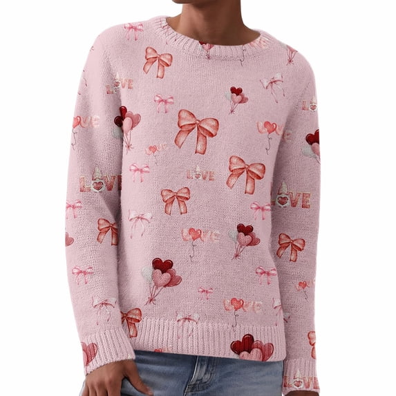 VISALY Valentine's Sweaters Love Print Heart Sweater with Bow Casual Sweaters Trendy Plain Sweaters Loose Casual Pullover Sweater Casual Sweater Soft Sweaters Fitted Pullover Sweater Pink Xl