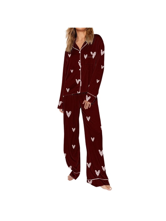 Valentines Pajama Heart Parinted Button Down Sleepwear Lounge Set Nightwear Comfy Pajamas Set Pajama Sets Comfy Lounge Sets Lounge Sets Soft Pajamas Sets Sleepwear Women Loungewear Wine S