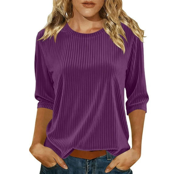 VISALY Velvet Ribbed Tunic Tops for Women Dressy Casual 3/4 Sleeve Velour Blouses Retro Crewneck Pullover Tops Trendy Loose Fit Shirts Business Casual Work Basic Tee Shirts Fall Shirt Purple Xl