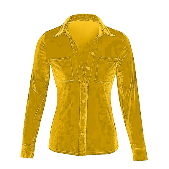 VISALY Velvet Tops for Women Elegant Retro Business Casual Blouses Vintage Long Sleeve Button Down Collared Velvet Shirts Comfortable Plus Sized Fitted Blouse with Legging for Pockets Yellow Xxl