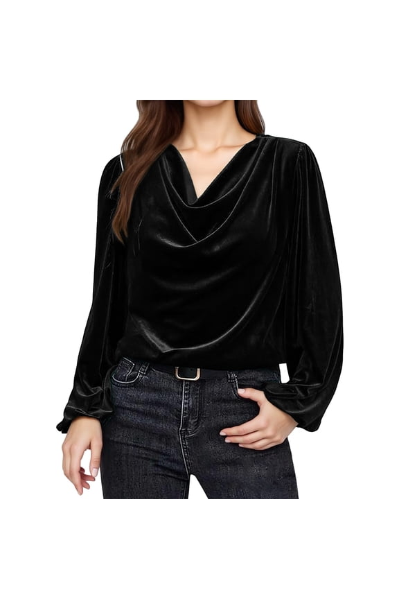 Velvet Tops for Women Puff Sleeve Drape Ruched Front Cowl Neck Blouses Elegant Casual Pullover Trendy Plus Sized Blouses Shirts for Fall Velvet T Shirts Long Sleeve Solid Basic Shirt Black Xxl