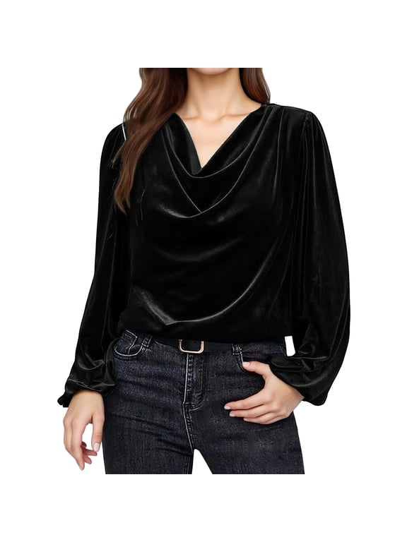 Velvet Tops for Women Puff Sleeve Drape Ruched Front Cowl Neck Blouses Elegant Casual Pullover Trendy Plus Sized Blouses Shirts for Fall Velvet T Shirts Long Sleeve Solid Basic Shirt Black Xl
