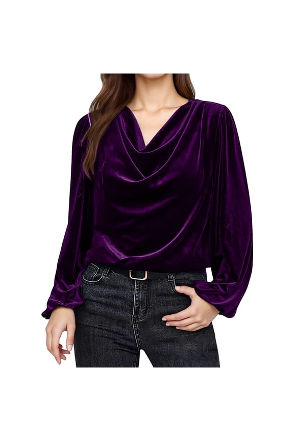 Velvet Tops for Women Puff Sleeve Drape Ruched Front Cowl Neck Blouses Elegant Casual Pullover Trendy Plus Sized Blouses Shirts Fall Velvet T Shirts Long Sleeve Solid Basic Shirt Purple 3Xl